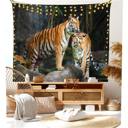 Ambesonne Animal Tapestry, Tiger Couple in The Jungle on Big Rocks Image Wild Cats in Nature Image Print, Fabric Wall Hanging Decor for Bedroom Living Room Dorm, 45