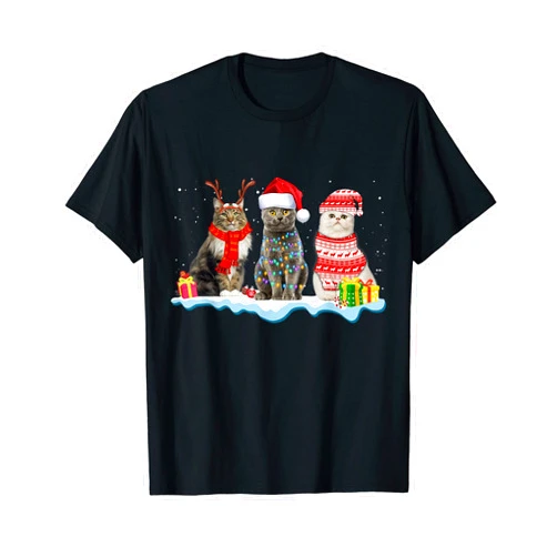 Funny Cat Xmas Light Gifts for Women Men Kids Santa Cat Ugly Christmas Light For Cat Mom Cat Dad Cat Lover T-Shirt
