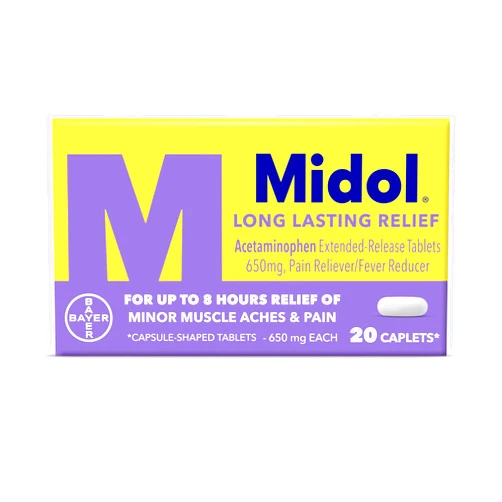 Midol Long Lasting Relief 20ct: Midol Long Lasting Relief, Menstrual Symptom Reliever & Fever Reducer, Caplets with Acetaminophen for Menstrual Pain Relief - 20 Count (Packaging May Vary)