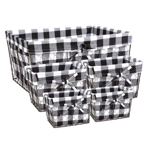 DII Farmhouse Chicken Wire Storage Baskets with Liner, Set of 5, Vintage Black Check, Assorted Sizes