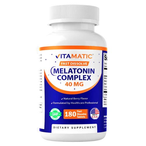 Vitamatic Fast Dissolve Melatonin Complex 40 mg – Natural Berry Flavor – 180 Tablets | Made with Beet Root, Chamomile & Ashwagandha Extract | Non-GMO, Made in USA