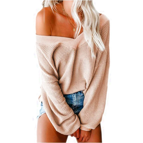Tobrief Women's V Neck Long Sleeve Waffle Knit Tops Off Shoulder Oversized Pullover Sweater