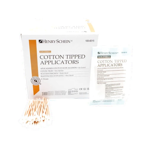 Henry Schein Cotton Tipped Applicators, 3 inches, Non-Sterile, Wood Handle, Single Use, 1000/Box