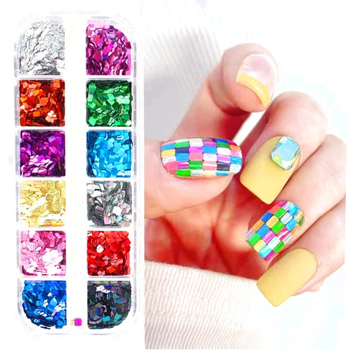 Vezocim Laser Square Glitter Nail Art Sequins, Holographic 3D 12 Colors Glitter Flakes Design, Rectangle Shape Nail Shiny Supplies for Women Girls Manicure Powder Charms Decorations, DIY Resin Nail Art Tips