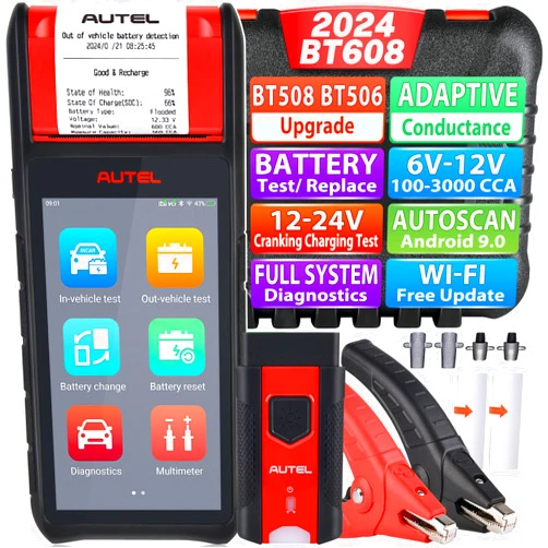 Autel Battery Tester MaxiBAS BT608 (E), Upgrade of BT508 BT506, 6-12V 100-3000CCA Battery Tester, Cranking Charging System Tester w/Printer Adaptive Conductance, All Diagnosis as MK808S MX808S