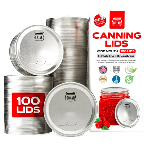 FORJARS - Wide Mouth Canning Lids, 100-Pack – Create Airtight Seals on Mason Jars to Preserve Food for Meal Prep & Emergency Food Storage – 3.4 In. Metal Lids with Silicone Seals – Canning Supplies