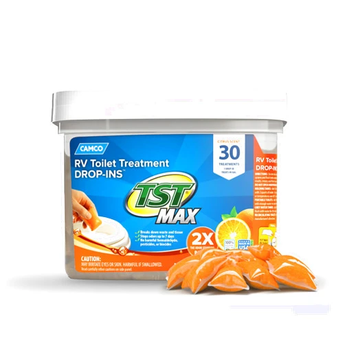 Camco TST MAX Camper / RV Toilet Treatment Drop-INs - Control Unwanted Odors & Break Down Waste and Tissue - Safe Septic Tank Treatment - Orange Scent, 30-Pack (41182)