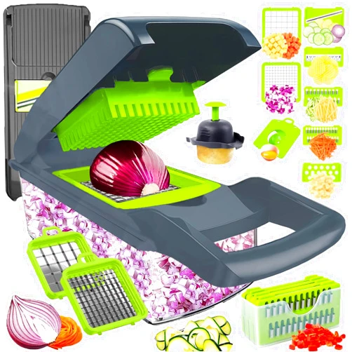 Dewpeton Pro-Series 16-in-1 Vegetable Chopper w/Container, Cheese Grater Hand Crank, Box Mandoline Slicer Food Cutter Shredder Mandolin for Veggie Onion Salad Fruit Potato (Kitchen Gadget & Essential)