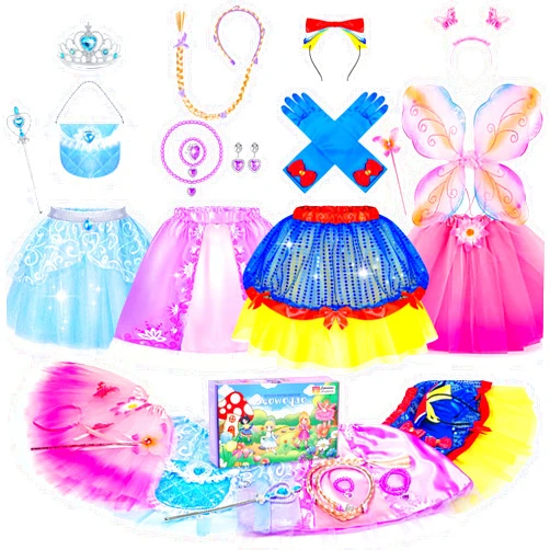 Jeowoqao Princess Dress Up for Girls, Princess Fairy TuTu Skirts Toddler Princess Dress Up Pretend Play Set with Princess Crown Gloves Costumes for Girls 3 4 5 6 Birthday Christmas Gift