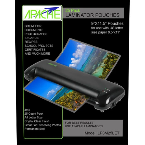 Apache Laminating Pouches 3 mil, for 8.5 x 11 inch Letter Size Paper 9 x 11.5 inch Sheets, 25 Pack