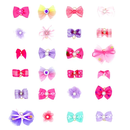 CUTEABC Dog Hair Bows, 24 Pieces Puppy Hair Bows with Rubber Bands,Small Dogs Hair Accessories Dog Bows for Ears,Lace Organza Puppy Bows Rhinestone Pearls Dog Hair Ties Dog Hair Grooming Accessories