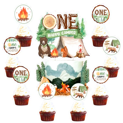 Kreatwow One Happy Camper Birthday Decorations 25PCS Happy Camper Cake Toppers for Boys Girls Camper Cake Decorations One Happy Camper Cake Toppers Camper Forest Camping Adventure Safari