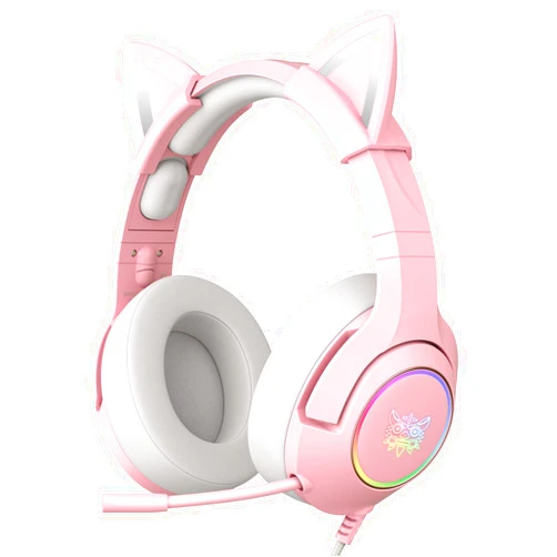 PHNIXGAM Cat Ear Gaming Cute Headset, Wired Over-Ear Headphones with Retractable Microphone, Surround Sound, LED Backlight for PS4, PS5, PC, Mobile Phone (Light Pink)