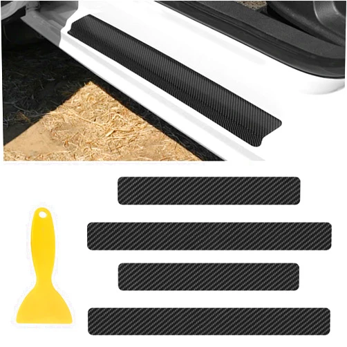 MLAHUIER 4PCS Carbon Door Sills Protector with Scraper, 4D Anti-Scratch Door Edge Entry Protection Trim for Door Edge/Front and Rear Bumper Door Threshold Protector Cover Sticker Strips(Black)