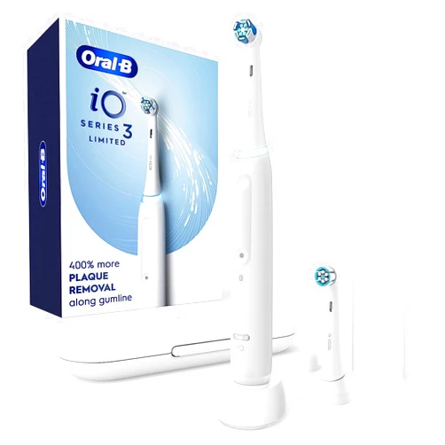 Oral-B iO Deep Clean Rechargeable Electric Powered Toothbrush, White with iO Series 3 Limited, 2 Brush Heads and Travel Case - Pressure Sensor to Protect Gums - 3 Cleaning Settings - 2 Minute Timer