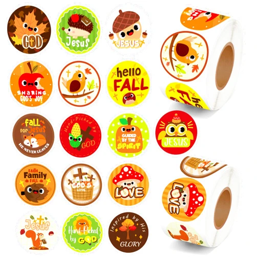 Yopyame Hello Fall Christian Stickers - 1000PCS Fall Religious Stickers in 2 Rolls, Faith Religious Autumn Stickers for Kids, Sunday School, Students Party Favor, Water Bottles, Scrapbook (16 Styles)