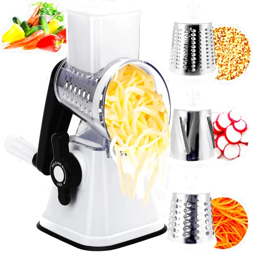DOLRRCM Rotary Cheese Grater, Hand Crank Cheese Slicer with 3 Stainless Steel Blades, Kitchen Gadgets Cheese Shredder Vegetable Slicer Chopper Cutter for Fruit, Potato, Nuts, Easy to Clean Mandolin Slicer
