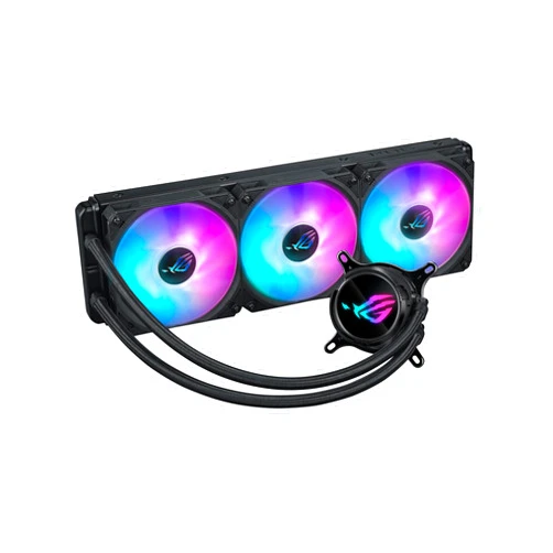 ASUS ROG Strix LC III 360 ARGB all-in-one CPU liquid cooler with 360° rotatable water block, 7th gen V2 Asetek pump, Premium ROG ARGB fans, and 10+ custom Aura lighting effects.