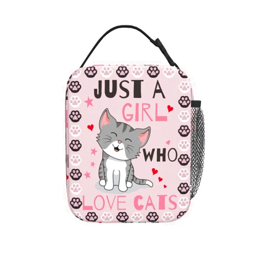 Kaeddi Cute Cat Lunch Bag Large Capacity Heat Insulated Lunch Box Leakproof Durable Portable Reusable Handbags Thermal Cooler Tote Bag, Just A Girl Who Loves Cats (One Size, White)