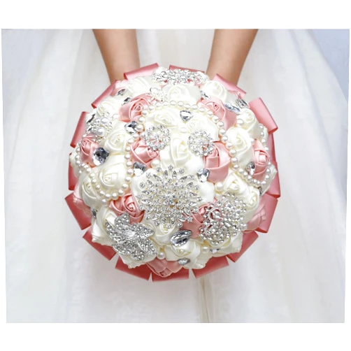 Gkvszy Pink Bridal Brooch Wedding Bouquet with Bling Silver Rhinestone Pearl for Bride Bridesmaid Quinceanera Satin Rose Flower Bouquet Wedding Blush Pink and Ivory 8.3in