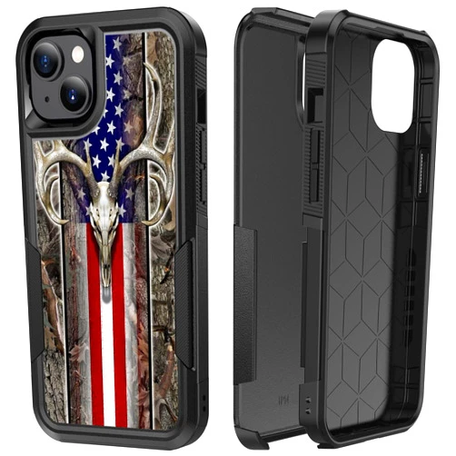 CaseZoo Defender Case for iPhone 14, Heavy Duty 360 Full Body Shockproof Protection Hard Plastic+Silicone Rubber Hybrid Protective Case for Apple iPhone 14 (Camo Deer Skull)