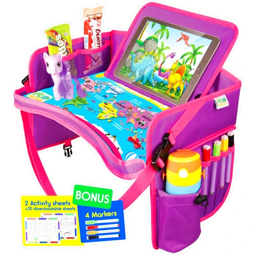 ECOFANTASY Kids Travel Tray - Waterproof Lap Table with No-Drop Large Tablet Holder - Car Seat Tray - Road Trip Essentials Kids - Car Desk Organizer for Airplane - Toddler Travel Essentials (Pink)