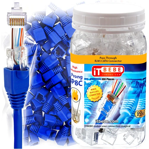 Itbebe.com TBEBE 100 Sets of RJ45 Cat6 Pass-Through Connectors for 24 AWG Cables - 100 Pieces Cat6 Connectors Ends and 100 Pcs RJ45 Connectors Blue Strain Relief Boots for Clean, snag-Free ethernet Patch Cord