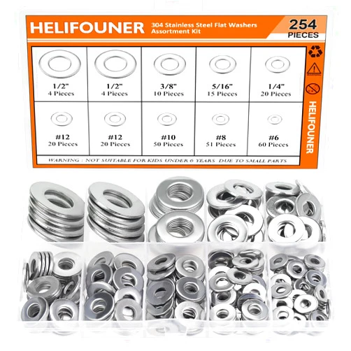 HELIFOUNER 254 Pieces 8 Sizes Stainless Steel Flat Washers, 304 Stainless Steel Washers, Fender Washers, Metal Washers Assortment Kit, 1/2 3/8 5/16 1/4 12# 10# 8# 6#