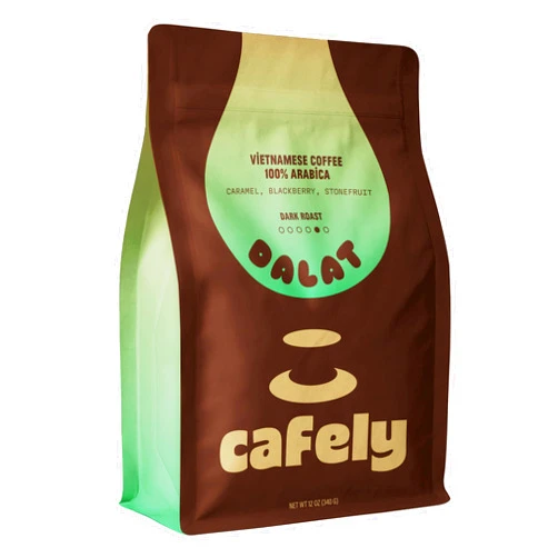 Cafely DaLat - Arabica Ground Vietnamese Coffee – Dark Roast, Low Acid, Fresh Roasted, Single Origin, Direct Trade, High Antioxidants, Rich Notes with Caramel, Blackberry, Stonefruit, 12 oz