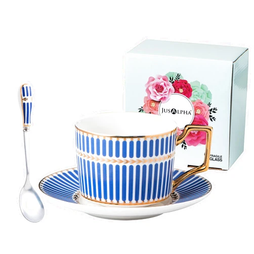 Jusalpha Stylish Elegant Modern 7.4 oz Teacups and Saucers Set-Coffee Cup with Sauce, Spoons in Gift Box, TCS27(1) (Blue-A)