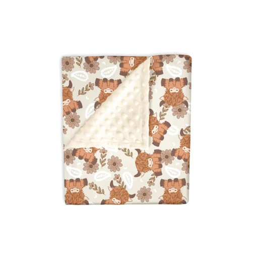 EyMzcod Minky Baby Blanket for Girls Highland Cow Floral, Western Paisley Floral Soft Lightweight Double Layer Dotted Backing Receiving Blankets, Newborn Infant Toddler Nursery Crib Bedding 30 x 40