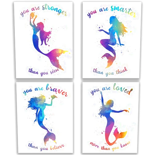 SUUURA-OO Mermaid Inspirational Words Watercolor Art Print Set of 4 (8”X10”), Marine life art Poster for Nursery, Bedroom Decor Gift for Girls Kids Home Wall Unframed
