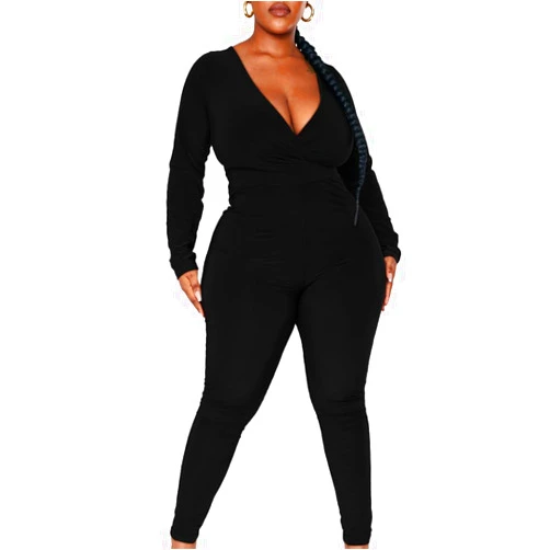 Stylishine Women's Sexy Long Sleeve V Neck Ruched High Waist Legging Plus Size Casual Jumpsuit