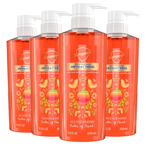 Safeguard Antibacterial Liquid Hand Soap, Micellar Deep Cleansing, Washes Away 99% Bacteria, Made with Natural Moisturizers & Skin Conditioners, PH Balanced, Peach Scent 15.5 oz (Pack of 4)