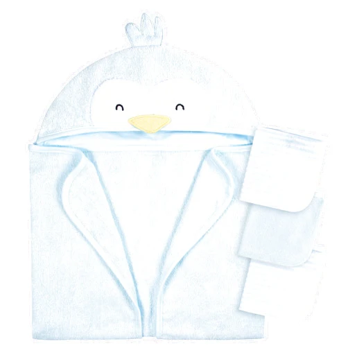 Gerber Baby 4 Piece Animal Character Hooded Towel and Washcloth Set, Blue Penguin, One Size