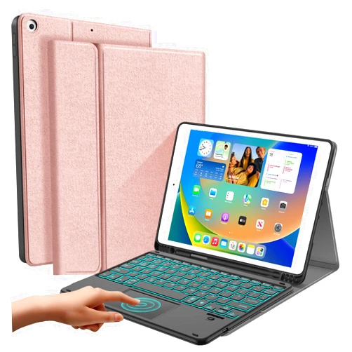 JUQITECH Touchpad Keyboard Case for iPad 9th 8th 7th Generation - Wireless Backlit Magnetic Detachable Multi-touch Trackpad Keyboard iPad 10.2 2021/2020/2019 Tablet Case with Keyboard, Rose Gold