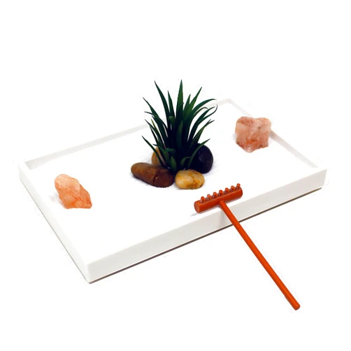 Nature's Mark Mini Zen Garden Kit for Desk with White Sand, Rake, White Base, Salt Rock and Air Plant (Rectangle)