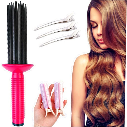 FWUNYVN Curling Roll Comb, Hair Styler Tool for Airy Curls and Fluffy Bangs, with 2 Bangs Clips and 3 Root Traceless Clips