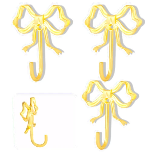 WODEGIFT 3 PCS Gold Bow Wall Hooks, Gold Coat Hooks, Metal Hooks, Bow Room Decor Hooks for Coats, Coffee Mugs, Hats, Bags, Bath Towels and Room Decorations