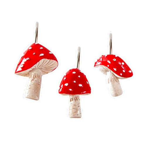 Estmy Vintage Cute Mushroom Decorative Shower Curtain Hooks Rings, Resin & Rustproof Metal Boho Retro Country Cottagecore Shower Hooks for Fall Autum Fairy Forest Shower Curtain Bathroom Decor