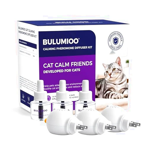 BULUMIOO Cat Calming Pheromone Diffuser Set (Whole Home 3-Pack) – 3 Diffusers + 3 x 48ml Refills – Helps Reduce Spraying & Fighting – Unscented Stress Relief for Large Homes & Multi-Cat Areas