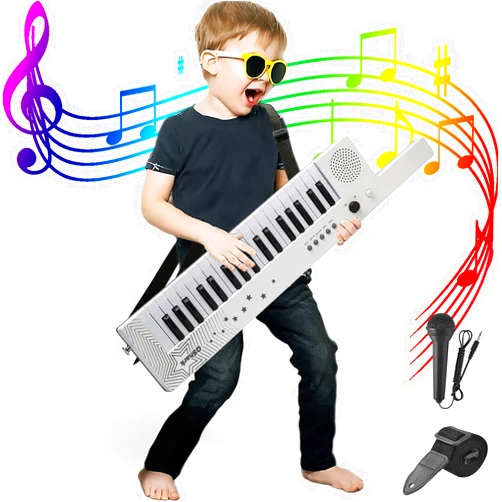 QShark Digital Piano Keyboard 37 Keys, Portable Karaoke Keytar w/Microphone & Carry Strap, 4 Tones, 4 Rhythms, 10 Demo Songs, Rechargeable, Guitar Birthday Gift Toy for Boys Girls Kid Age 3+, White