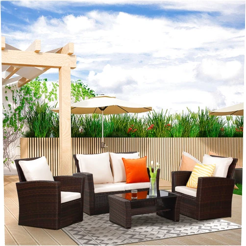 Solaste 4 Piece Patio Outdoor Furniture Sets,Patio Conversation Sofa Wicker Chair with Cushion,Hand Woven Rattan Sofa for Porch Backyard Outside Garden Lawn Yard,Brown