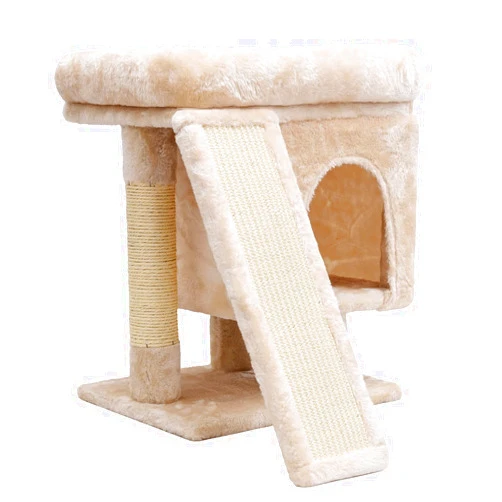SYANDLVY Small Cat Tree for Indoor Large Cats, Kittens Condo with Scratching Post and Board, Modern Activity Tower with Cave (Beige)