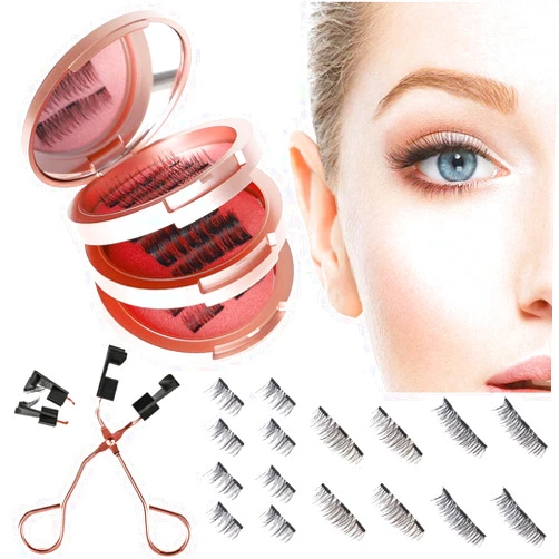 Gemonad Magnetic Eyelashes without Eyeliner, Dual Magnetic Eyelashes Natural Look, Light Weight & Reusable Magnetic Lashes No Glue, 3D False Eyelashes with Applicator(16pcs-4pairs)