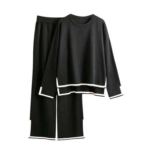 Mannjin Women's Sweater Set 2 Piece Outfits Knit Lounge Set Long Sleeve Pullover Top Wide Leg Pants Tracksuit
