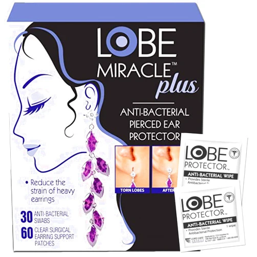 Lobe Miracle Plus Kit - Clear Earring Support Patches & Included Antiseptic Wipes - Earring Backs for Droopy Ears - Ear Care Products for Heavy Earring Support (60 Patches & 30 Swabs)