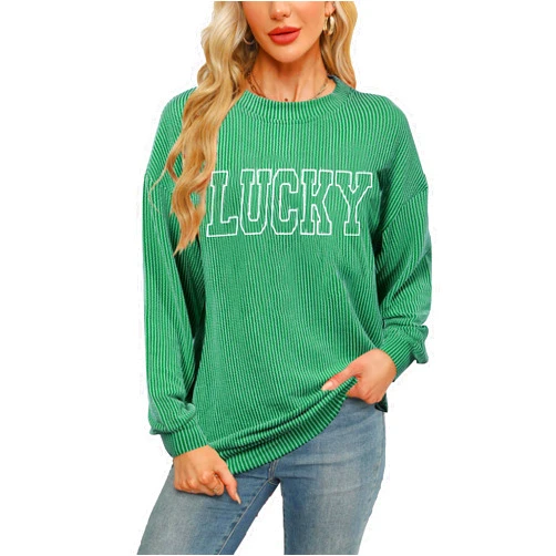 FASHGL Women St. Patrick's Day Sweatshirts Shamrock Clover Long Sleeve Shirt Irish Pullover Casual Ribbed Knit Tops