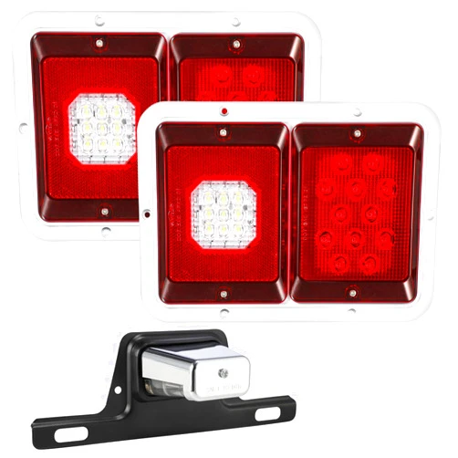Partsam 2x Double Led Trailer Tail Lights White Base w Stop Turn Tail Reverse Lights 33 LEDs, 2x LED License Plate Light Chrome w Holder Drainage Hole Steel Bracket ABS Housing PC Lens DOT Compliant