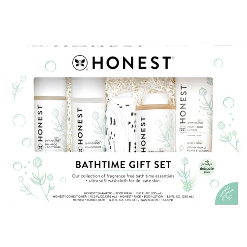 The Honest Company Fragrance Free Bathtime Gift Set | Hypoallergenic Bath Essentials for Sensitive Skin | Shampoo + Body Wash, Face + Body Lotion, Bubble Bath, Conditioner, Wash Cloth